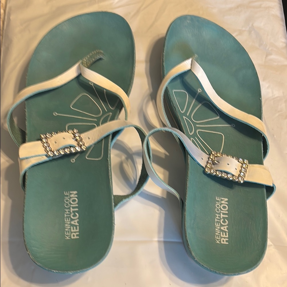 Leather Kenneth Cole Reaction Women's White and Teal Blue Sandals 9B